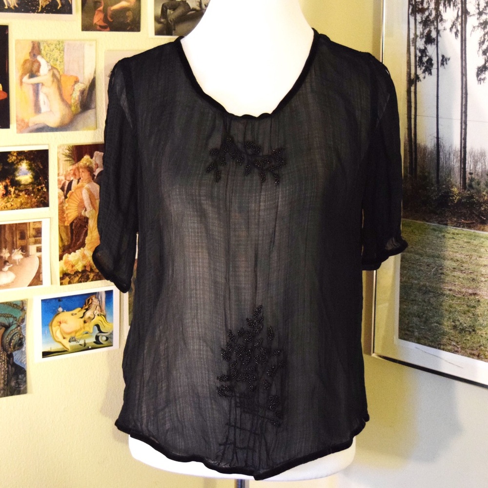 BRUUNS BAZAAR sheer black beaded blouse S/M